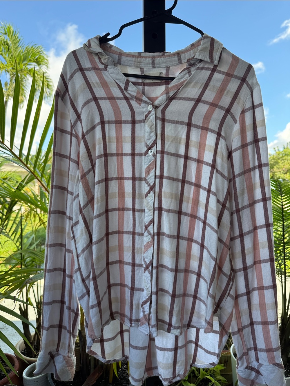 Altar'd State Cream Plaid Button-Down Shirt with Brown & Pink Stripes